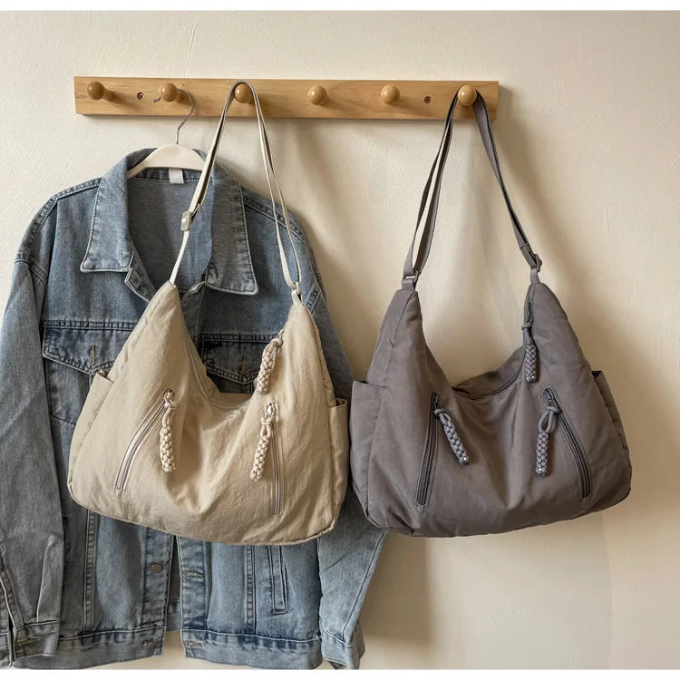 Summer Women Solid Color Shoulder Bag Fashion Lightweight Versatile Travel Crossbody Bag Commuter Nylon Large Capacity Hobo Bag