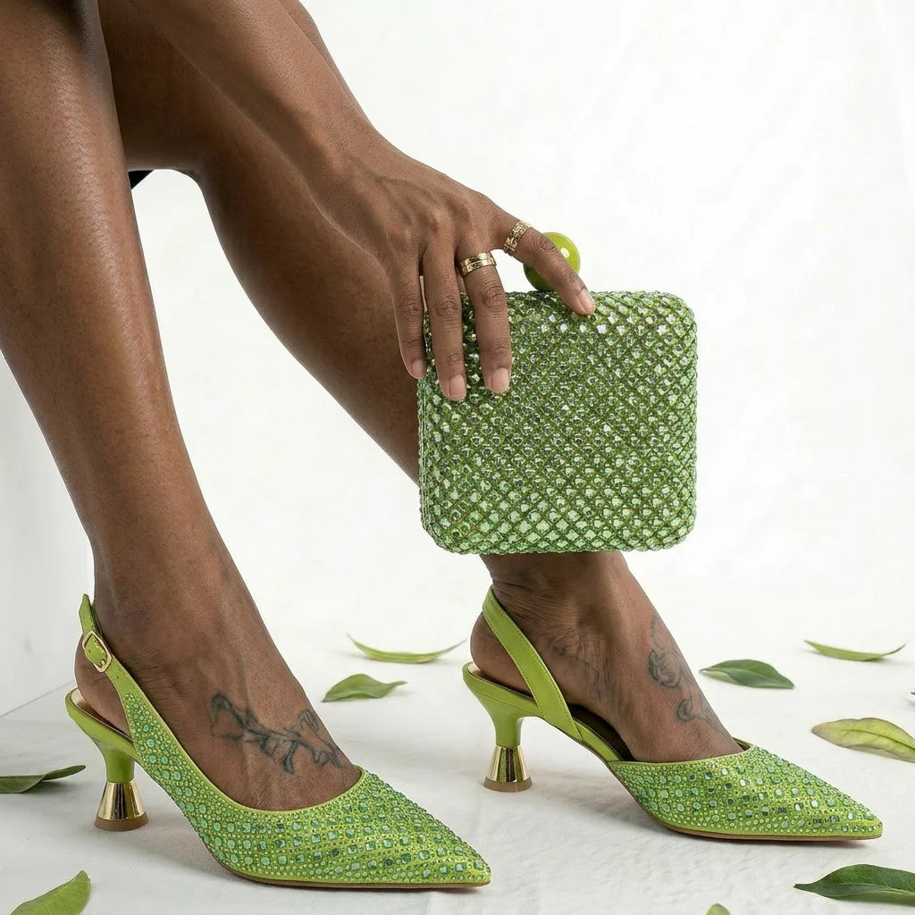 Italian Design Rhinestone Luxury Green Colour Pointed Toe Shoe & Bag Set Women's High Heels for Parties High Quality