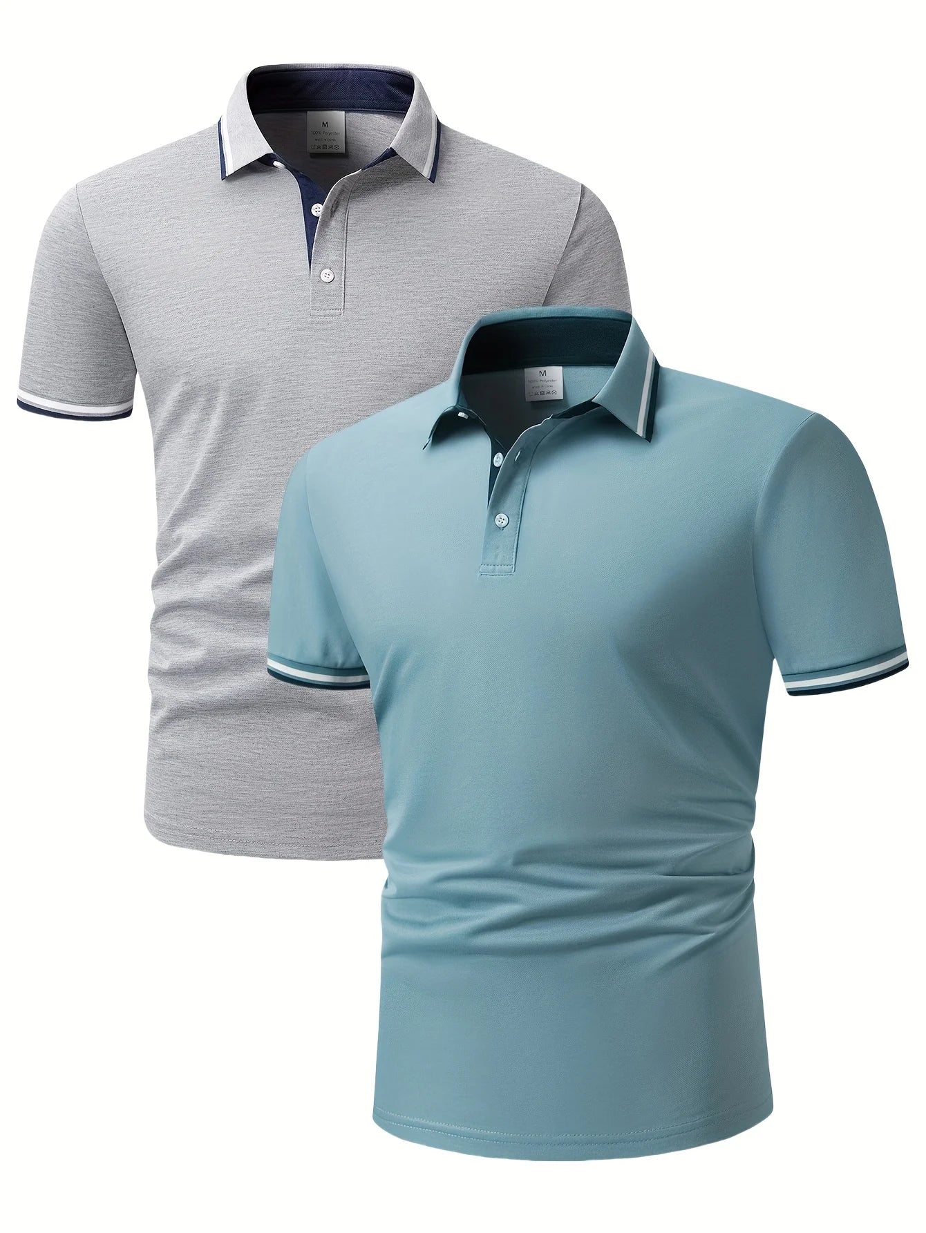 2pcs Men's Short-Sleeve Shirts with Contrast Collars - Lightweight Polyester, Pastel Blue & Pink, Turn- Collar, Button Closure,