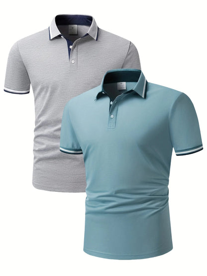 2pcs Men's Short-Sleeve Shirts with Contrast Collars - Lightweight Polyester, Pastel Blue & Pink, Turn- Collar, Button Closure,