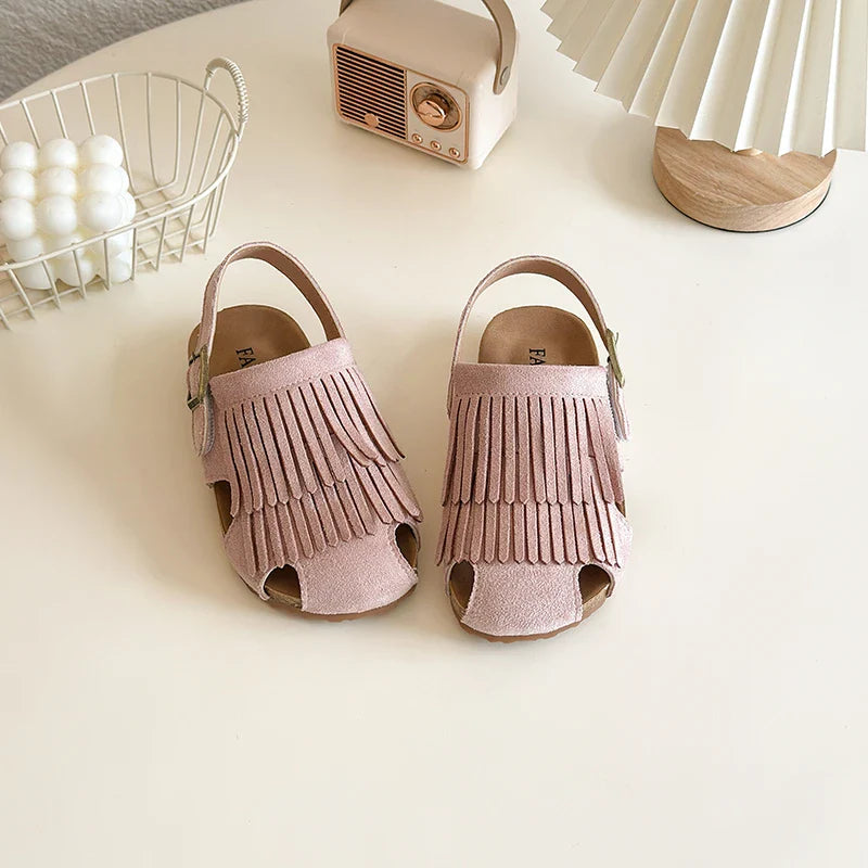 2025 Summer New Girls' Sandals Korean Style Tassel Princess Shoes Frosted Leather Hollow Sandals Comfortable 23-31