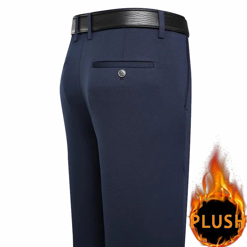 Autumn Winter Men's Fleece Pants Plush Smart Casual Suit Pants Loose Straight Navy Blue Black Dress Pants Thick Warm Trousers