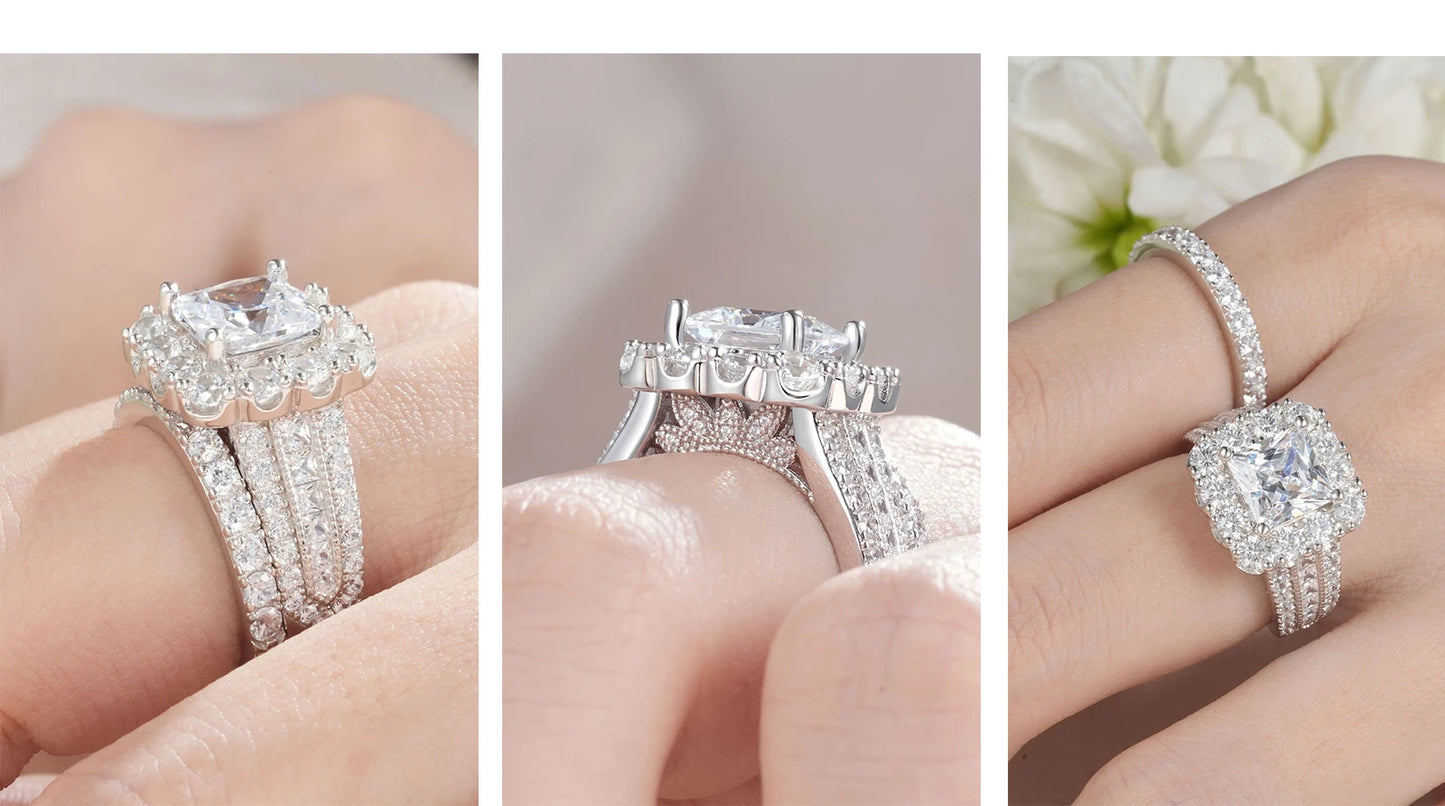 2Pcs 925 Silver Wedding Rings Set for Women Halo Princess Cut White Cubic Zircon Vintage Luxury Jewelry Engagement Ring