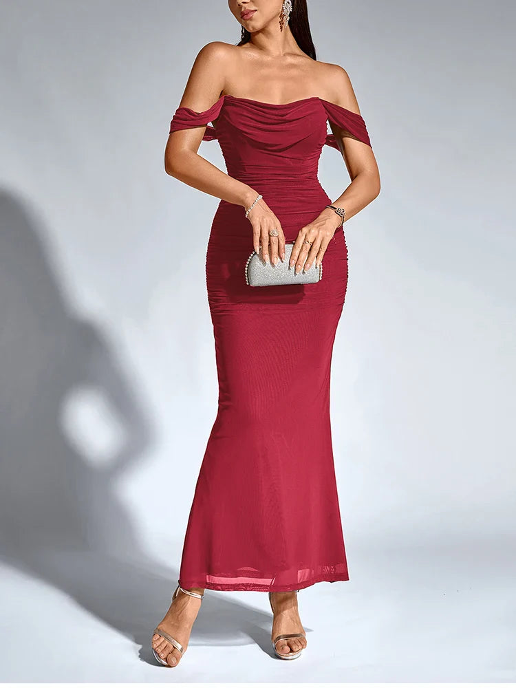 Women's Off Shoulder Ruched Mesh Long Corset Dress Backless Fishbone Bodycon Elegant Fashion Party Club Maxi Dresses