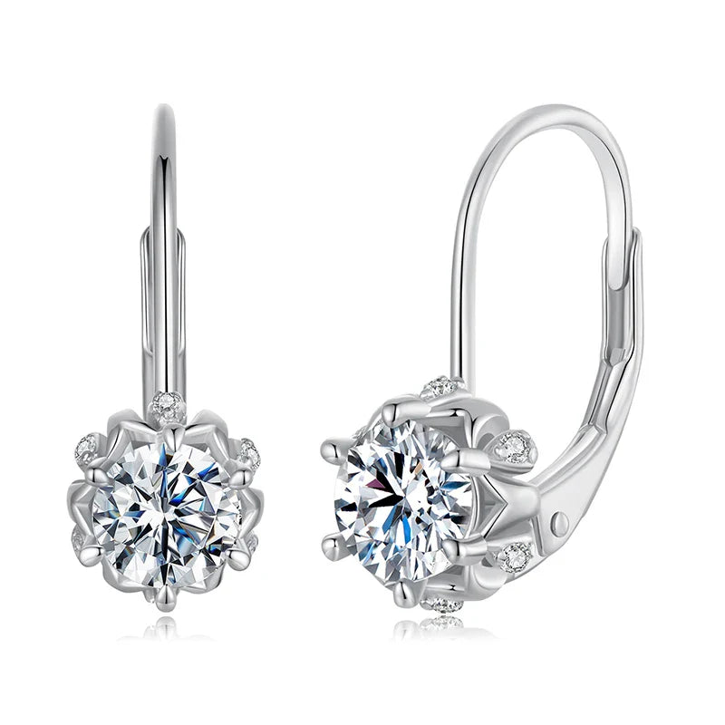 Platinum Plated Moissanite Flower Earrings for Women, Round Cut Lab Diamond 925 Sterling Silver Hypoallergenic Earrings