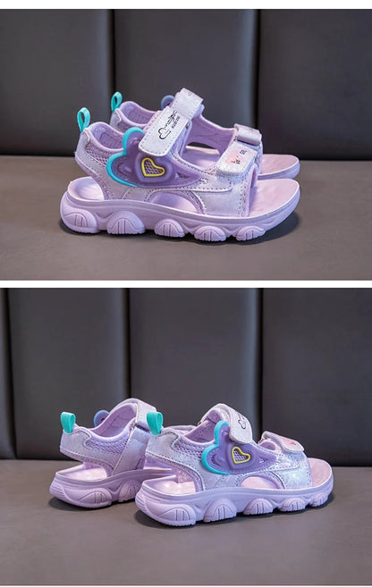2026 New Summer Girls Sports Sandals Love Heart Decor Soft Non-Slip Beach Sandals For 3-12 Years Old Kids