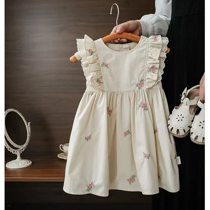 Summer Girls Dress Children's Clothing Bow Embroidered Flower Collar Girl's Dress Cartoon Printed Flying Sleeves Princess Dress