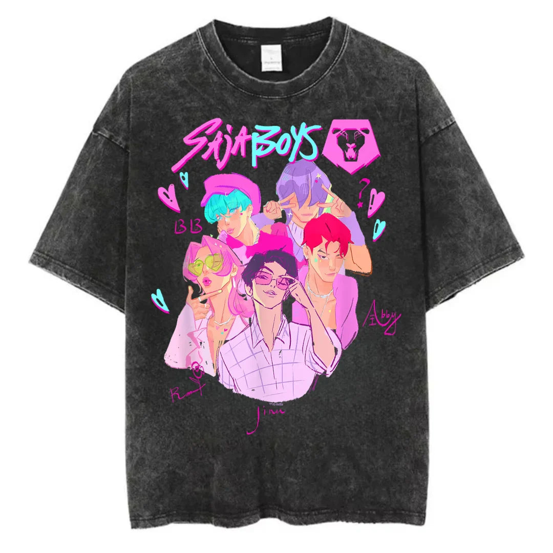 Washed Kpop Anime Demon Hunter Huntrix Girls T Shirt Kawaii Cute Fashion Unisex T-shirts Oversized Cotton Casual Vintage T-Shirt