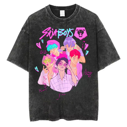Washed Kpop Anime Demon Hunter Huntrix Girls T Shirt Kawaii Cute Fashion Unisex T-shirts Oversized Cotton Casual Vintage T-Shirt