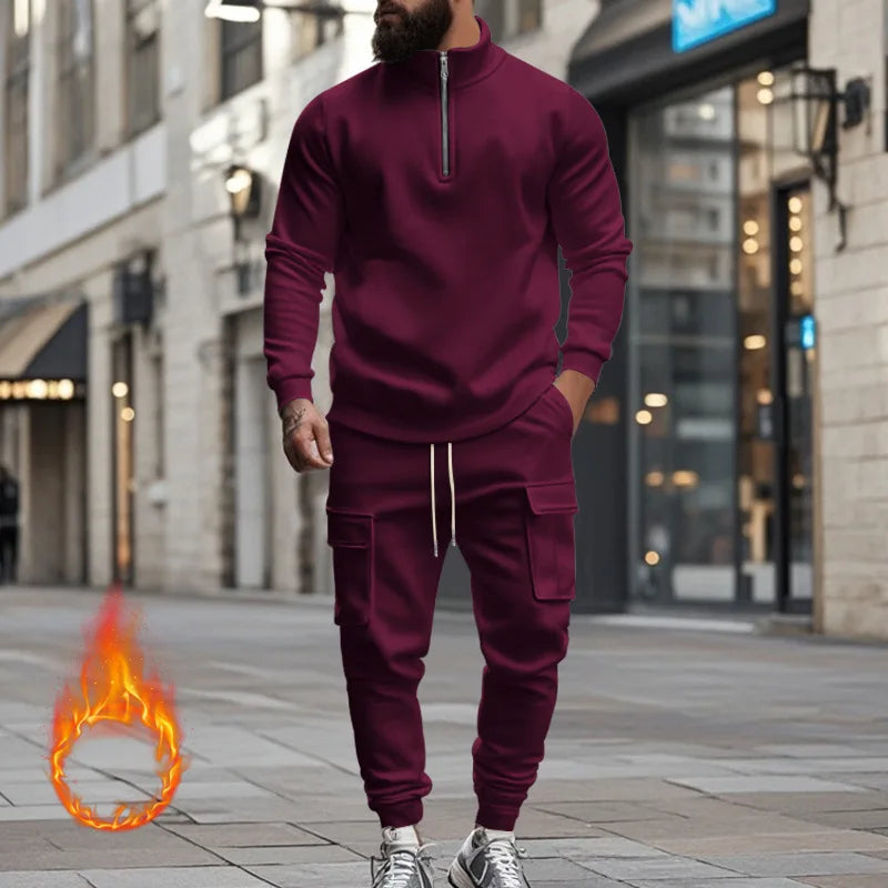 2024 autumn and winter men's casual velvet warm zipper sports trousers set