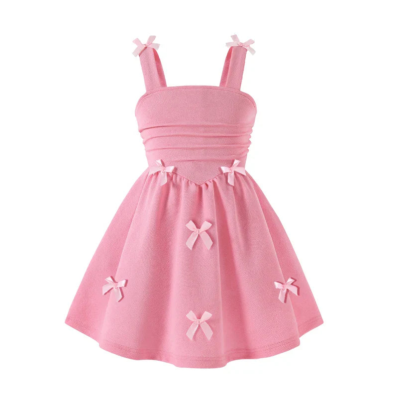 Girls 4-7 Fashion Dress, Sleeveless Square Neck Bow Embellished A-Line Dress, Soft and Cute for Daily Outfit