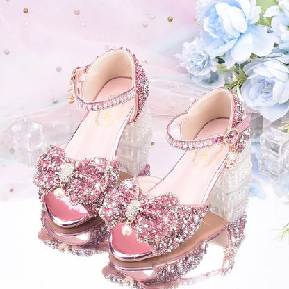 2025 Summer Girls' Princess Shoes Fashion Sequin Bow Soft Bottom Children's Sandals Girls' Performance Pearl Crystal High Heels