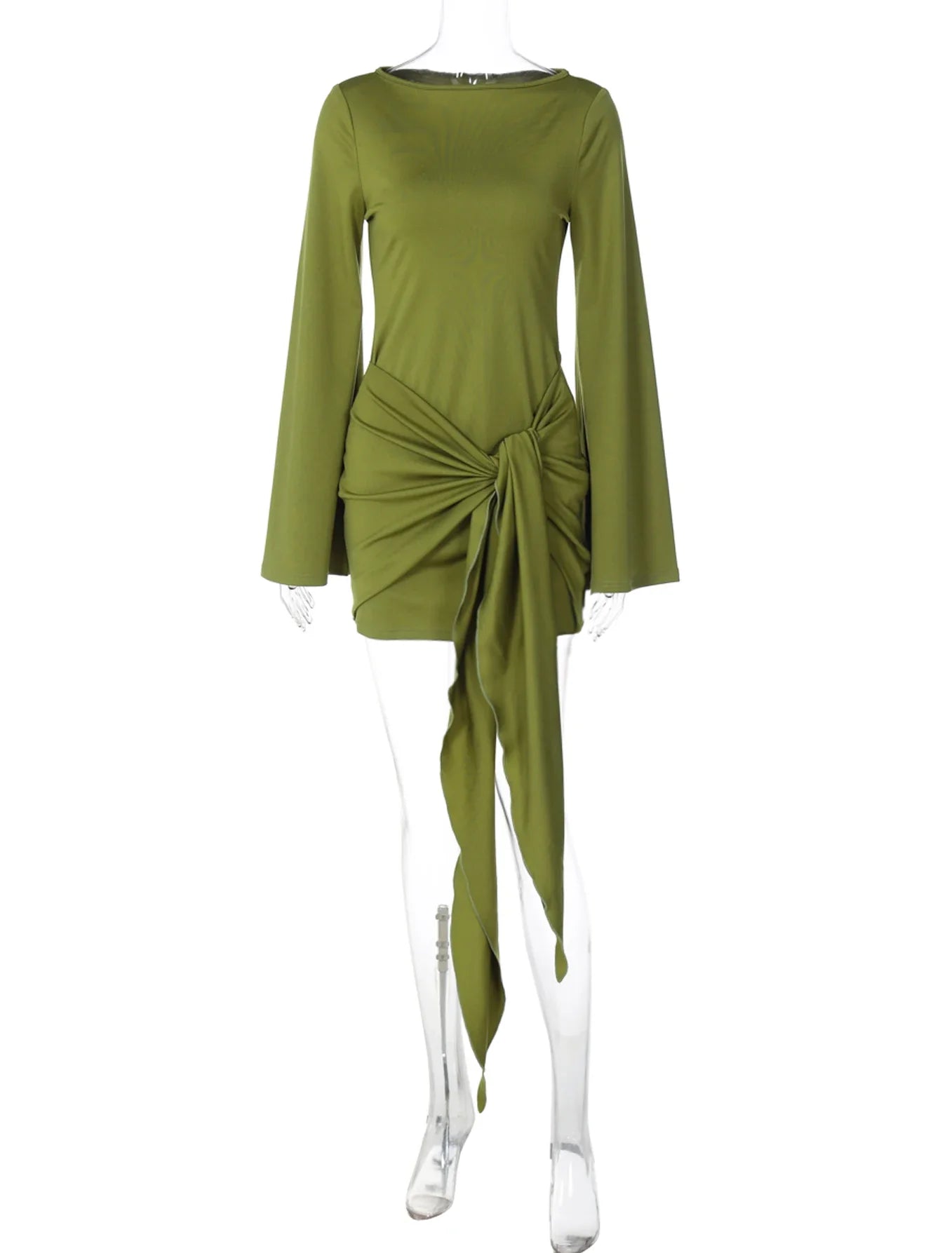 Autumn Fashion Elegant O-Neck Long Sleeve Slim Fit Lace Up Mini Dress Ladies Solid Casual Clothes Party Club Outfit