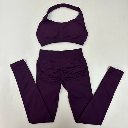 Yoga Legging Sets for Women Seamless Yoga Set Scrunch Butt Legging Set Workout Gym Suit with Halter Crop Top
