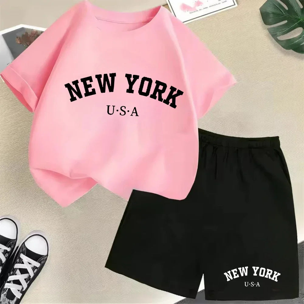 New York letter pattern boy and girl T-shirt+shorts 2-piece set