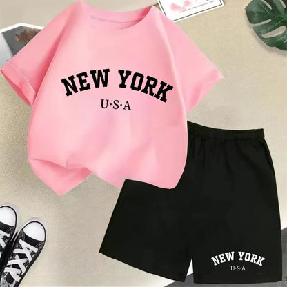 New York letter pattern boy and girl T-shirt+shorts 2-piece set