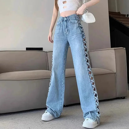 Calça Jeans Feminina Casual Mom Desfiada Cintura Alta Calça Larga Botão Zíper Perna Larga Calça Solta para Escritório Primavera Balada Y2k Streetwear