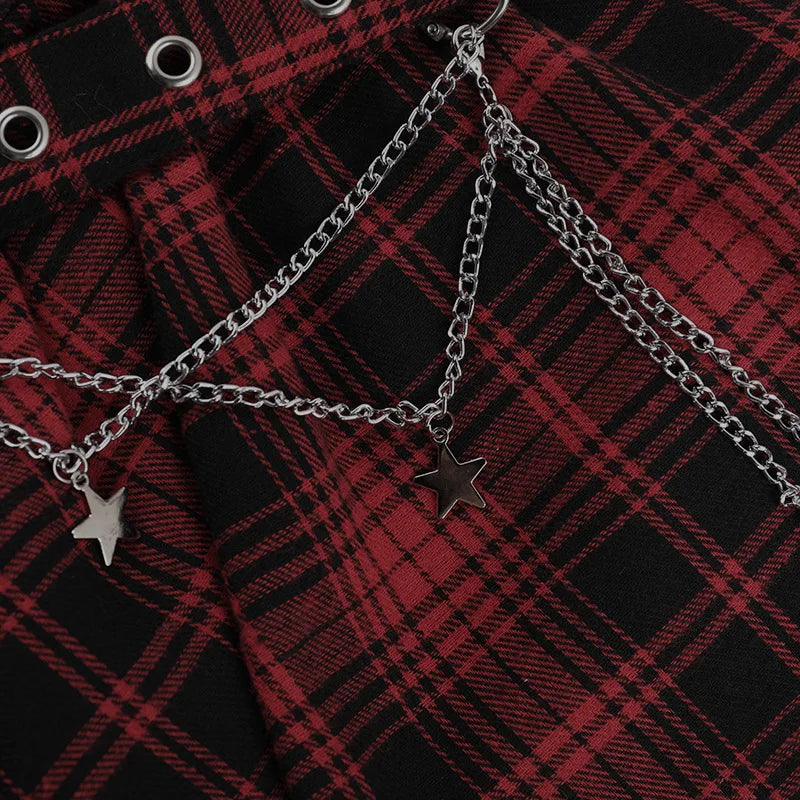 Cyber Punk Dark Gothic Skirt Women Streetwear Harajuku Irregular Patchwork Red Plaid Skirt Hotsweet Y2k Clubwear Skirt