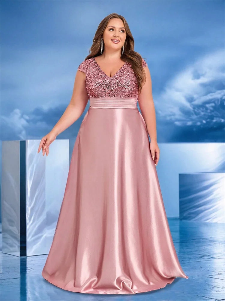 Plus Size Elegant V-Neck Green Sequin Evening Dress Long Luxury Women Satin Short Sleeves Party Prom Cocktail Prom