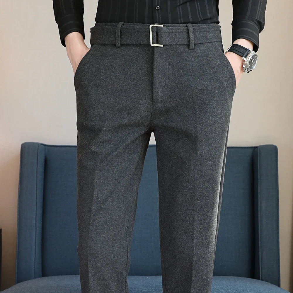 Autumn Winter Men's Slim Fit Suit Pants With Belt Solid Color Smart Casual Youthful Vitality Suit Trousers Men Korean Style Pant