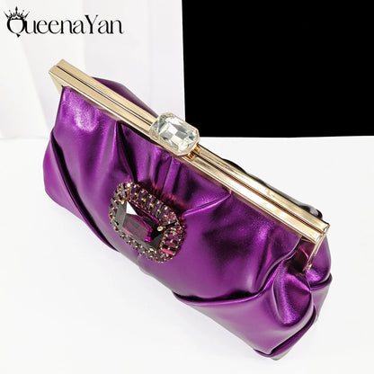 Nigerian Heel Party for Women Purple Color Shoes and Bag Set Rhinestone Handbag Italian Design Wedding