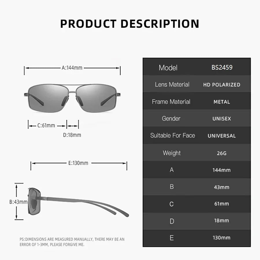 Fashion Photochromic Polarized Sunglasses Men Women Vintage Square Sun Glasses Man Brand Designer Driving Fishing UV400 Eyewear
