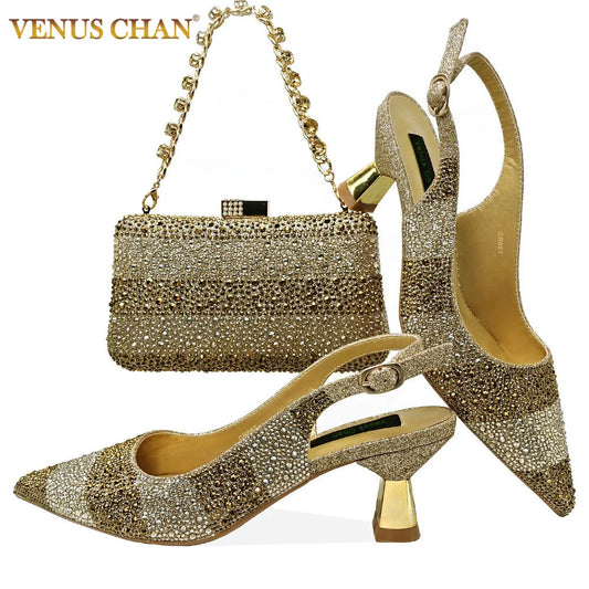 Pointed-Toe Luxury Style High Heels Sandal With Bag Set in Gold Color For Wedding Party Women