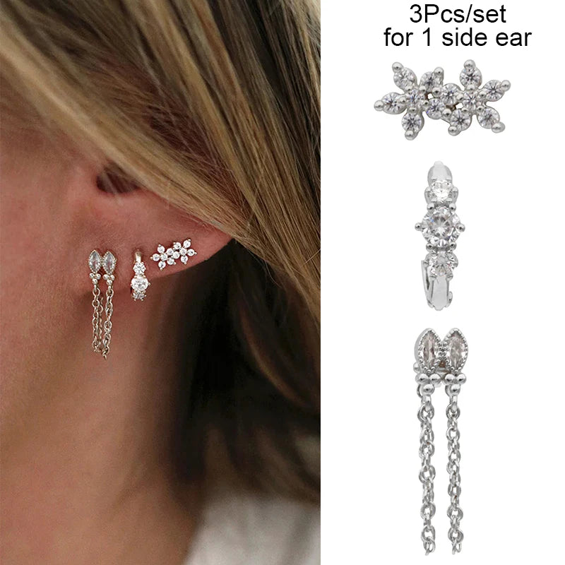 3PCs/set Earrings for 1 Ear Women gold color zirconia Classic Piercing Designer Earring set 2024 Women Jewelry Wholesale