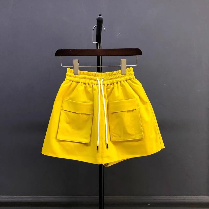 New Autumn Natural Sheepskin Elastic Waist Shorts Skirts A-Line Pocket Wide Leg Casual Above Knee Mini Genuine Leather Skirt 4XL