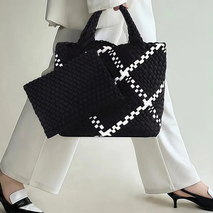 Woven Bag for Women, Neoprene Tote Bag Summer Beach Handbag Purse Retro Handmade Travel Shoulder Bag Set Neoprene Weave Tote Bag