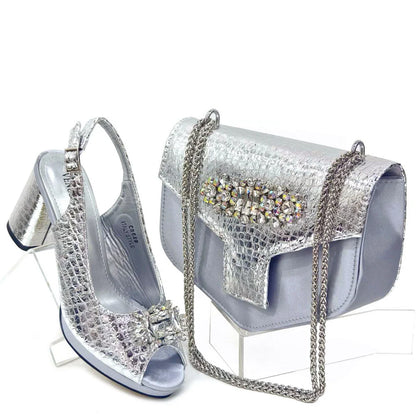 Italian Fashion Open Toe Women Strange Heels Bigger Size Fashion Rhinestone Decoration Brown Shoes And Bag Set Party Bag