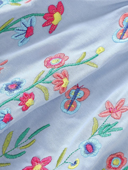 Girls' Short-Sleeved Dress with Floral Embroidery and Lapel Collar, Summer Style Sweet Princess Dress, Fresh Pastoral Style Children's Dress