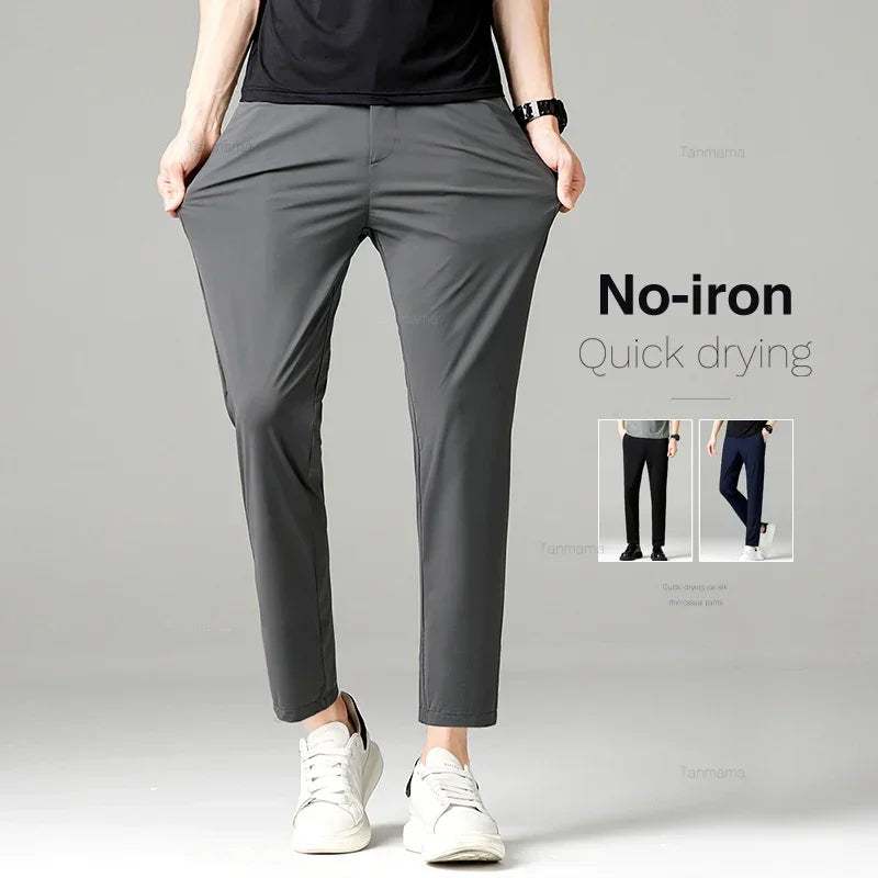 Summer Quick-drying Ice Silk Men's Casual Pants Ultra-thin Highly Elastic Business Casual Non-iron Trousers Black Gray Blue