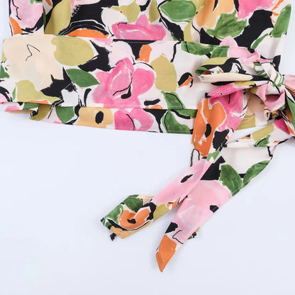 Summer 2026 Women Sleeveless Blouse Top Elegant Floral Printed Shoulder Pad Top Chic Side Tie-up Fashion Lady Vest