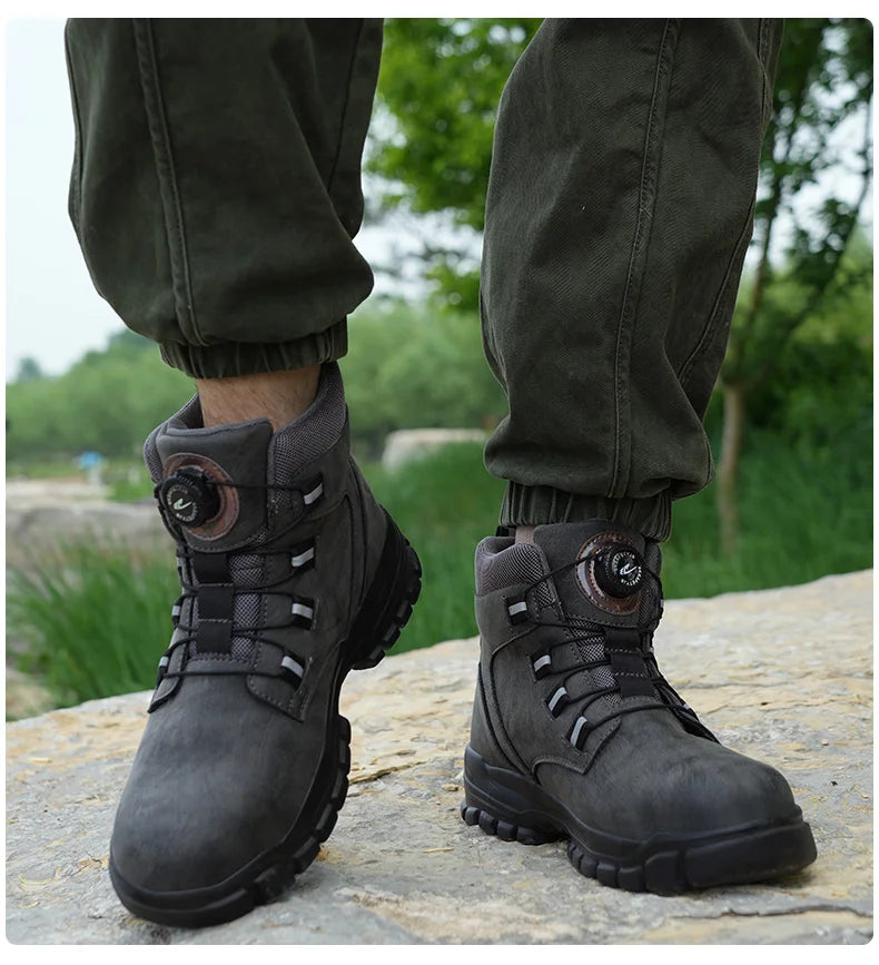 Leather Non Slip Work Boots for Men Rotating Button Safety Shoes Steel Toe Sneaker Male Puncture Proof Protective Boots