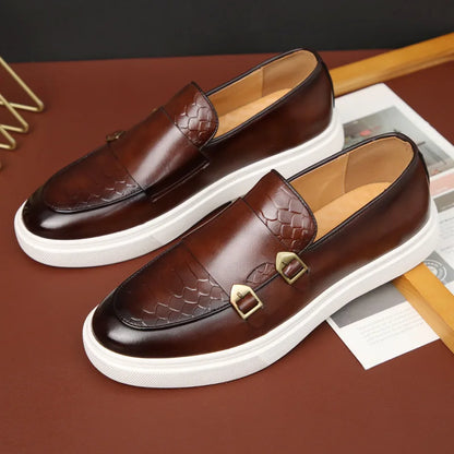 Fashion Men's Casual Shoes Snakeskin Grain Leather Men Retro British Style Loafers Monk Shoes Mens Slip-on Outdoor Driving Flats