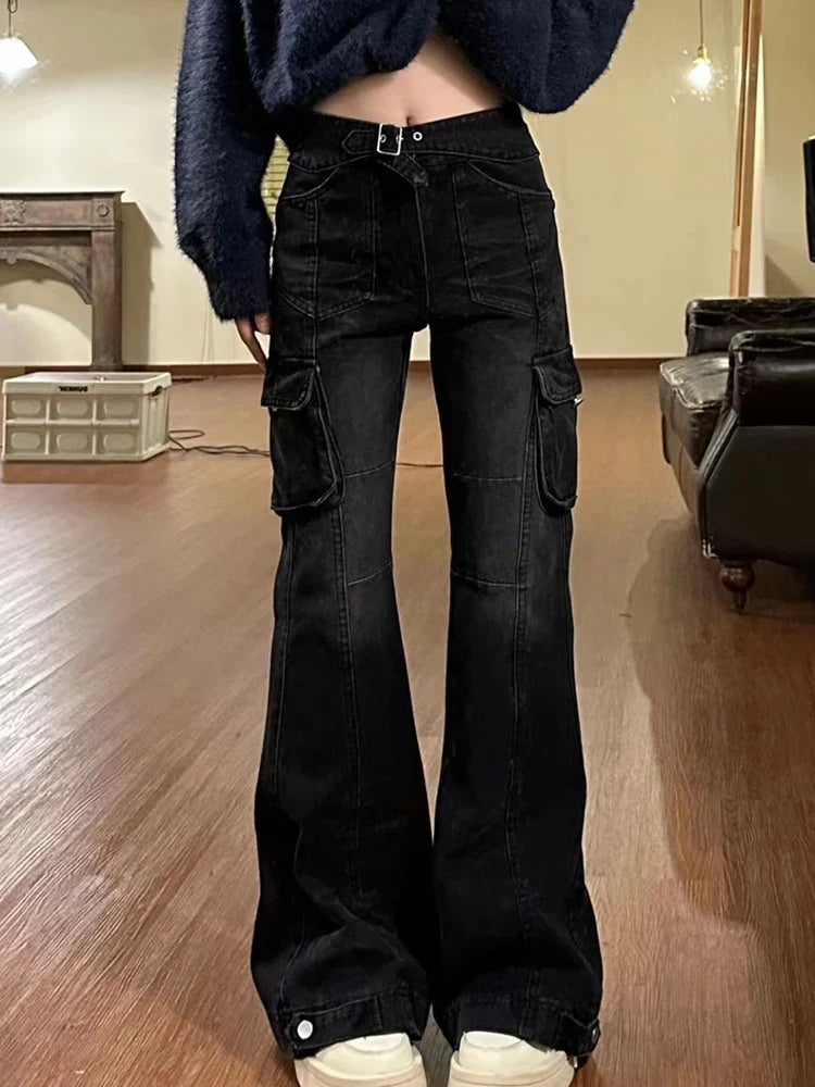 High Street Office Lady Black Flare Jeans Slim Bell Bottoms Gyaru Fashion Denim Trousers Multiple Pockets 2000s American Retro