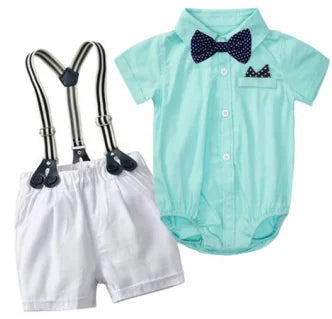 Solid Newborn Baby Boy Outfit Set Bow Formal Gentleman Suit for Toddlers Summer Sky Blue Romper + White Shorts Clothes for Baby
