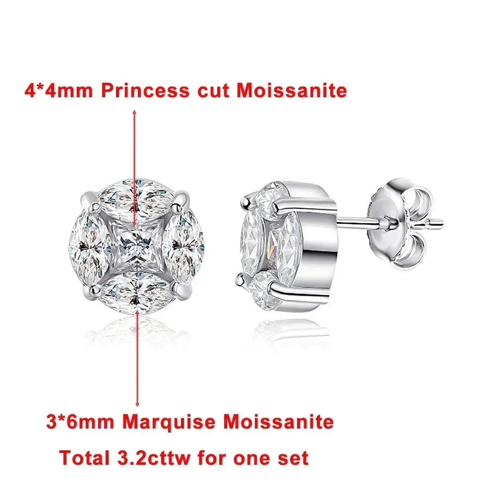 10mm Cluster Star Moissanite Stud Earrings with Certificates 925 Sterling Silver Princess/Marquise Cut Diamond Earring for Women