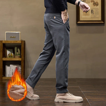 Winter Thicken Men's Solid Slim Straight Casual Pants Business Classic Fleece Trousers Male Warm Plaid Elasticity Pants