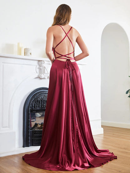 Midi Satin Slim Evening Dresses Sexy High Slit Tea Length  Spaghetti Straps Prom Formal Cocktail Party Gowns Navy Blue