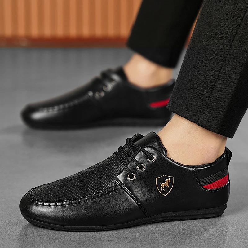 Men's loafers, featuring black and red accents - low-top lace-up design, breathable fabric lining and durable PVC sole, suitable