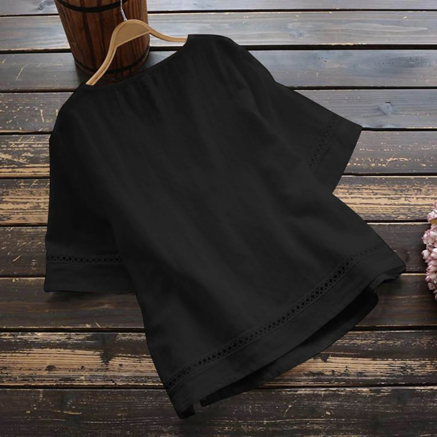 New Women's Elegant Cotton and Hemp Shirt Solid Color Casual Round Neck Hollow Half Sleeve Splicing Fashion Women's Top