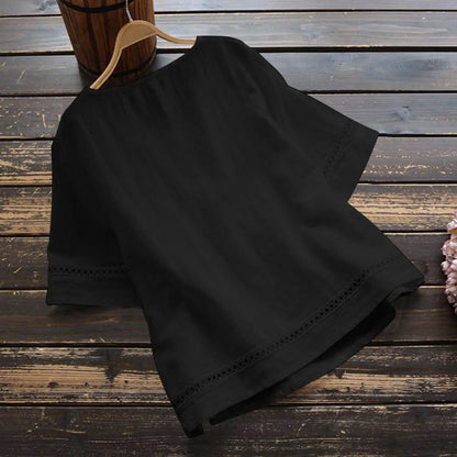 New Women's Elegant Cotton and Hemp Shirt Solid Color Casual Round Neck Hollow Half Sleeve Splicing Fashion Women's Top