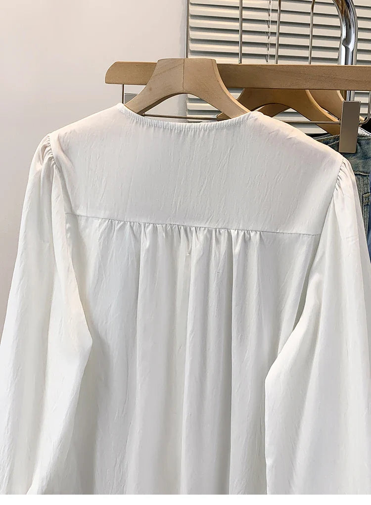 2026 V-neck Long Sleeved Plus Size Shirt Loose Pleated Ruffle Oversized Tops Ladies Chic Elegant Solid Versatile Blouse