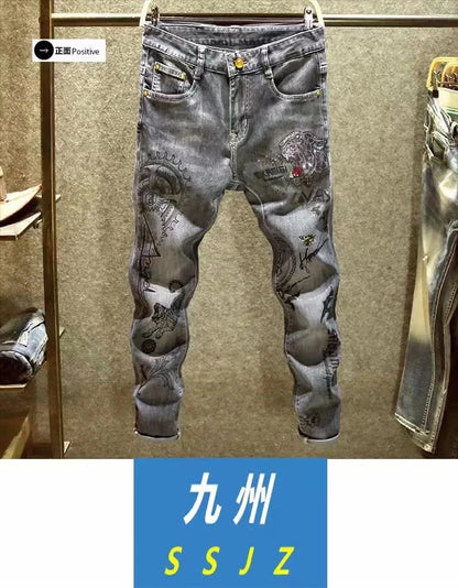 Spring and Autumn New Fashion Trend Print Retro Straight Leg Sports Denim Pants Men's Casual Slim Breathable High-Quality Jeans
