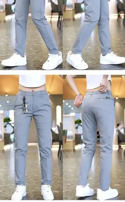 Summer Pants Ice Silk Men's Casual Simple Khaki Black Slim Straight Stretch Trousers Business Casual Male Clothing Pant