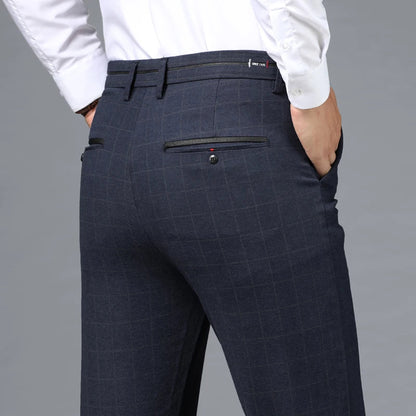 Spring Summer Business Men's Casual Pants Fashion Grid Design Versatile Comfortable Slim Straight Legs Elastic Male Trousers