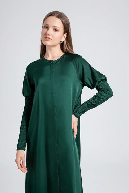 woman clothing satin dress button down design smocking sleeve maxi dress ( Ship out in 1 day)