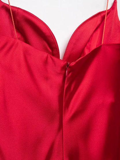 Women Red V-Neck Holiday Style Satin Texture Long Dress Sleeveless Summer Women's Back Zipper Fashion Sling Dresses